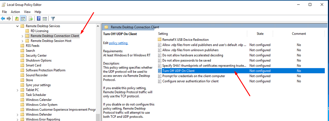 Disable UDP for RDP connections to Windows Server - 7