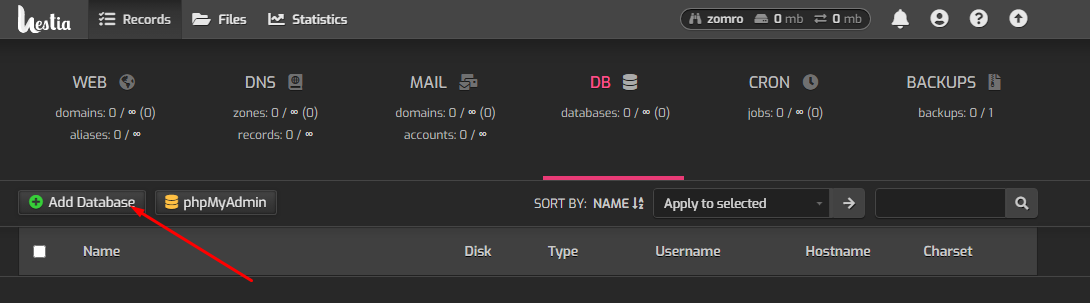 Создание базы данных MySQL/MariaDB в панели Hestia - 3