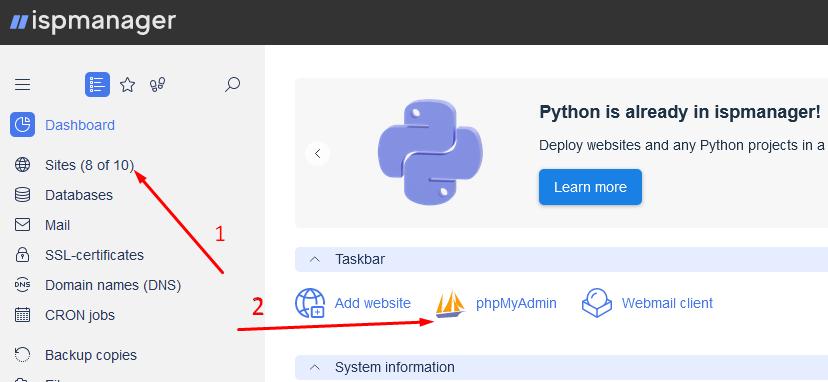 Как попасть в phpMyAdmin из популярных панелей управления сервером - 1